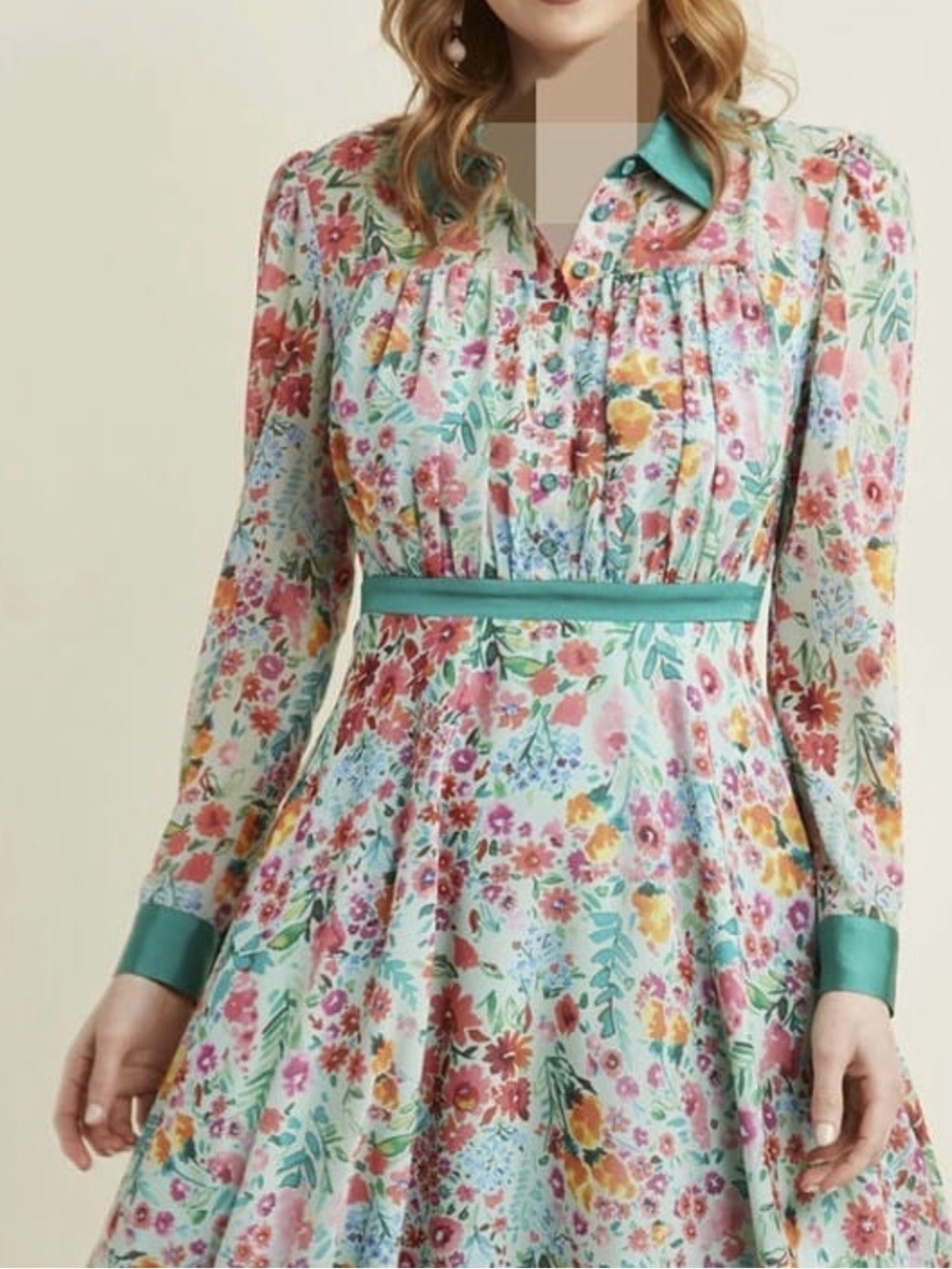 Modcloth Teal-Trim Floral A-Line Long Sleeve Dress